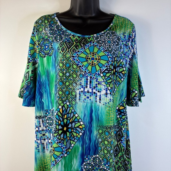 Susan Graver Women Large Green Blue Mosaic Geometric Tunic Top Split Sleeve Ring - Picture 9 of 16